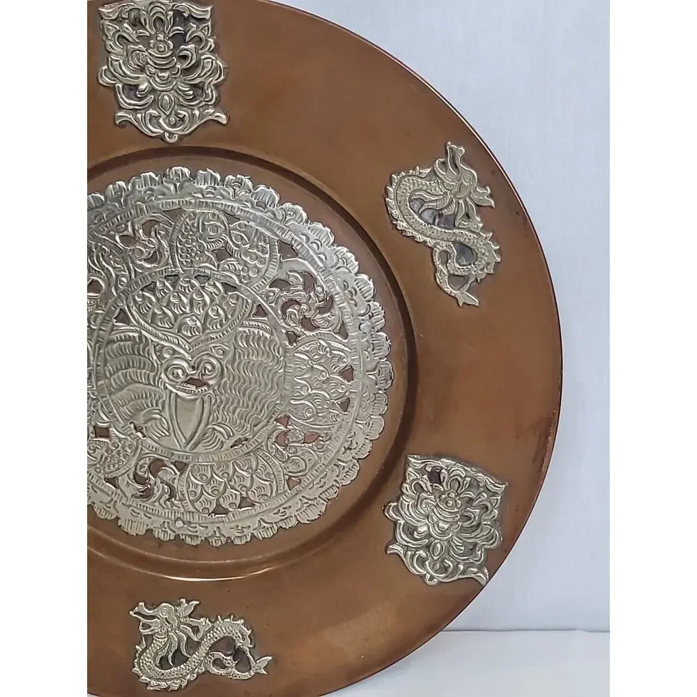 Antique Brass Copper Dragon Koi Decorative Plate Original Hand Crafted Engraved